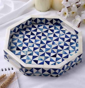 Bandeja con incrustaciones de hueso hecha a mano, bandeja de almacenamiento de alta calidad para uso doméstico y hotelero, patrón redondo personalizado de Crescent Crafts - Product Image 1