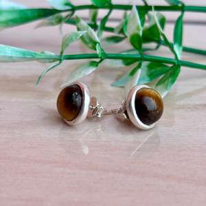 Handmade Sterling Silver <b>Stud</b> <b>Earrings</b> with Natural Tiger's Eye Gemstones Round Cabochon Design - Product Image 3
