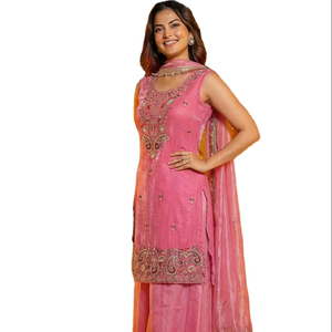 En stock, Salwar Kameez Dupatta de créateur non cousu, en tissu de pure soie style afghan, avec broderie miroir et bordure coupe droite, pour soirée - Product Image 1
