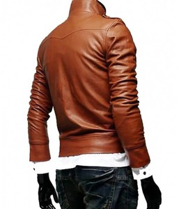 Chaqueta Entallada 2026 para Hombre, Chaqueta de Cuero PU Marrón, Chaqueta de Motociclista Elegante con Cuello Alto, Detalles de Botones y Cremallera - Product Image 2
