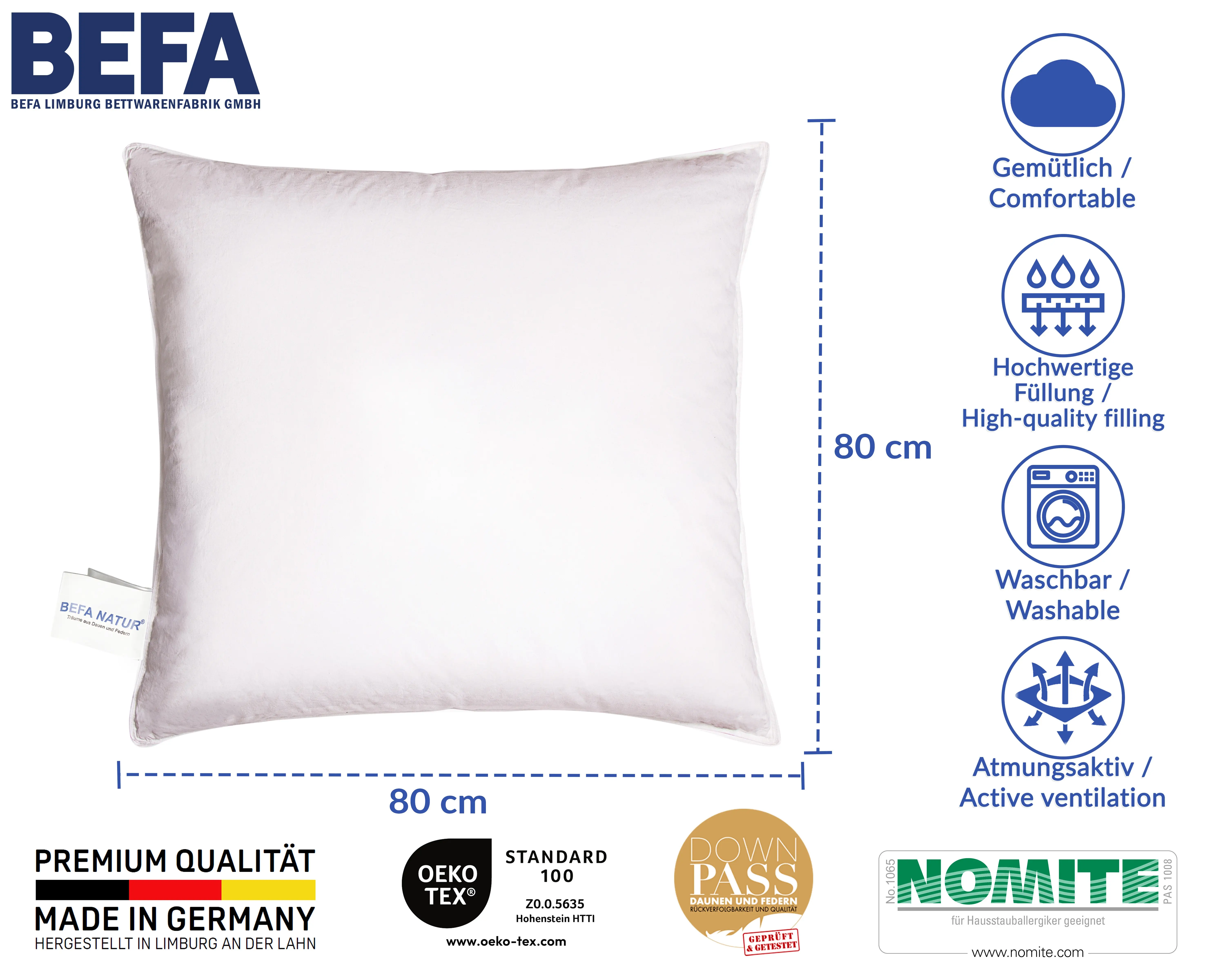 Premium Comfortable White Extra Strong Feather Pillow 100% Feather 60x80 and 100% Cotton Made in Germany