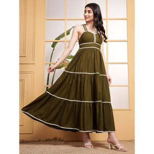 DEEBACO Vestido de Rayón Liso Color Oliva para Mujer, con Escote Corazón, Sin Mangas, Corte Ajustado y Evase, Largo Maxi, para Fiesta, Casual, Estilo Western - Product Image 1
