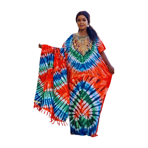 Robe longue décontractée d'été pour femme, style bohème, tie-dye, coupe ample, manches courtes, imprimé géométrique, brodée, respirante, tissée - Product Image 2