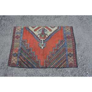 4x2.7 ft Rug, Vintage Turkish Rug, <b>Red</b> <b>Wool</b> Rug - Product Image 1
