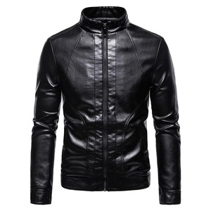 Chaqueta de cuero para motocicleta para hombre, diseño de cuello levantado para primavera y otoño, abrigo ajustado de piel de oveja a prueba de viento, negro sólido Biker J - Product Image 2