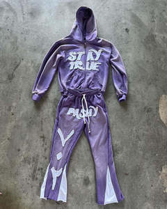 Parches de bordado desgastado con apliques personalizados, fabricante de chándales Boxy Fit, sudadera con capucha de lana de algodón y conjuntos de pantalones acampanados - Product Image 5