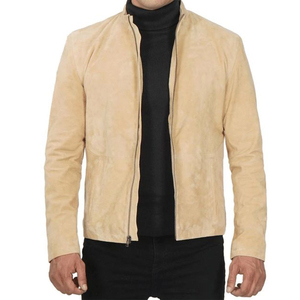 Veste décontractée pour homme en cuir d'agneau véritable, col rabattu, manches zippées, logo frontal, respirante et écologique - Product Image 1