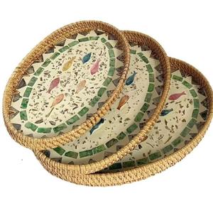 Hotels Home Kitchen Other Event Usage for Fast Food Server Tray Oval Shape Rattan Design Bone Inlay Finishing 3 Serving Tray - Product Image 1