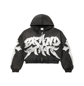 Custom High Quality Vintage Hoodies Manufacturer 400 Gsm Sunfaded Acid Wash Patch Embroidery <b>Cropped</b> <b>Zip</b> <b>up</b> Hoodie Men - Product Image 3