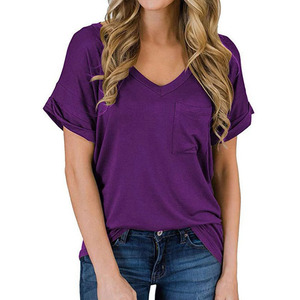 T-shirt col en V pour femmes en gros à manches courtes 100% coton Jersey simple tissu 160 GSM T-shirt pour femmes - Product Image 1