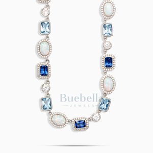 14K oro blanco 10mm ópalo azul piedra preciosa cadena collar brillante geométrico piedra preciosa gargantilla joyería para mujer - Product Image 2