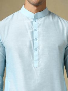 <b>Men</b> Sky Blue Cotton Silk Kurta <b>Pajama</b> <b>Set</b> | Summer Casual Breathable Mandarin Collar Geometric Woven Designer Ethnic Wear - Product Image 3