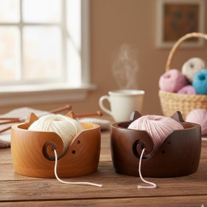 Bol à laine en bois rustique le plus vendu avec guide à laine sculpté en spirale pour le tricot, le crochet et les fournitures d'artisanat, disponible à la vente - Product Image 1