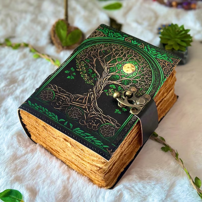 400 Page Large Grimoire Leather Journal, Print Tree Of Life Journal