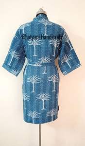 Blue Indigo Kantha <b>Jacket</b> for Women Long Cotton Quilted Indian Robe with Floral Pattern Winter Beach Wear <b>Kimono</b> - Product Image 4