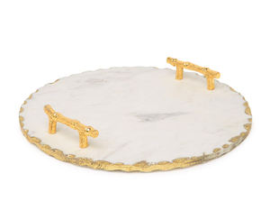 Plateau de service en marbre de forme ronde Offre Spéciale fantaisie de qualité supérieure avec poignée en métal et cadre plaqué or pour la décoration de table utilisation de la cuisine - Product Image 3