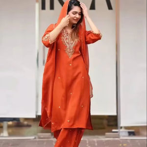 Ensemble Salwar Kameez pour femmes indiennes et pakistanaises, tenue de soirée, moderne, séchage rapide, 5 pièces, vente en gros, tailles M à 3XL, soie chinon gaufrée - Product Image 1
