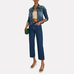 À la mode femmes léger bleu Denim veste recadrée surdimensionné matelassé vêtements d'extérieur bouton respirant déchiré Jean Style décontracté - Product Image 6