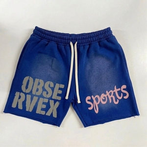 Short en coton peigné 100% écologique, délavé soleil, coupe courte, ourlet brut, effet vieilli, broderie dentelle, style Hip Hop pour homme, taille élastique - Product Image 1