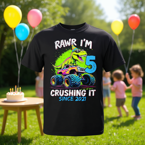 Maglietta con dinosauro e monster truck per il 5° compleanno del 2021, regalo promozionale per bambini di 5 anni, per il bambino che ha 5 anni. - Product Image 3