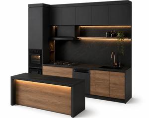 Meubles de cuisine modulaires en bois massif laqué noir moderne avec éclairage LED, robinet, tiroirs coulissants, charnières, évier et design contemporain - Product Image 3