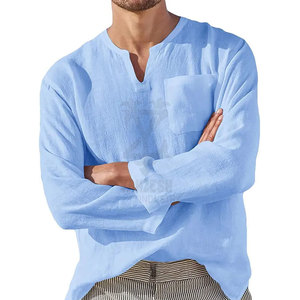 Camisas DE LINO DE PLAYA informales con cuello en V de manga larga para hombre, camisas de Jersey para hombre con ropa de calle de bolsillo - Product Image 3