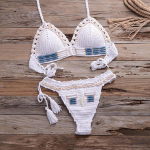 Nouveau Maillot de Bain Femme 2 Pièces Halter Uni Tricoté à la Main Style Rétro Bohème avec Coquillages et Fente, Collection 2026 Européenne et Américaine - Product Image 6