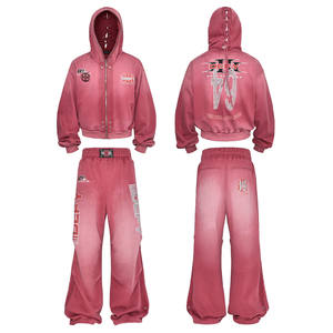 Ensemble de survêtement streetwear hiver en coton 100% avec logo personnalisé, sweat à capuche et pantalon de survêtement respirants, de haute qualité, unis, effet vintage délavé soleil - Product Image 1