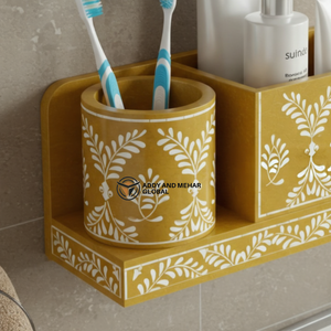 Organizador de Baño de Pared Rectangular de Dos Piezas con Incrustaciones de Hueso Amarillo de Lujo, Diseño Floral, Estante de Almacenamiento, Fácil de Limpiar, Ecológico - Product Image 4