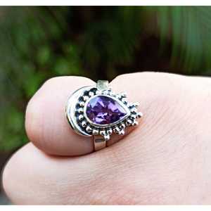 Handmade Women's Amethyst Silver <b>Ring</b> February Gemstone Moon Shape <b>Statement</b> <b>Ring</b> for Gift - Product Image 6