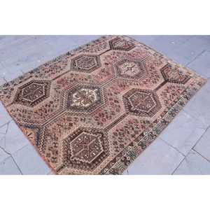 4.7x5.8 ft Vintage Rug, Turkish Rug, <b>Brown</b> Check <b>Wool</b> Rug - Product Image 3