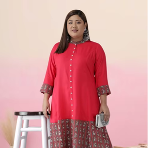 Kurti Anarkali de Rayón con Estampado Floral y Borde, Talla Grande para Mujer, Color Rosa, Cómodo, Corte Regular, Estilo Étnico Indio - Product Image 1