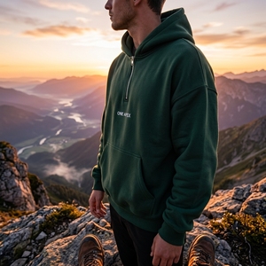 Sweat-shirt à capuche surdimensionné vert forêt premium, demi-zip, en molleton épais, personnalisable OEM ODM, vente en gros, streetwear - Product Image 1