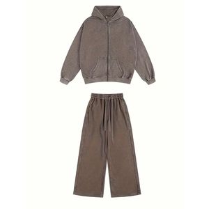 Streetwear blanc délavé à l'acide survêtements Top qualité tissu lourd hommes Vintage lavage fermeture éclair à capuche étiquette de marque personnalisée - Product Image 1