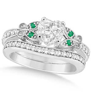 14k White Gold Heart Diamond & Emerald Butterfly Bridal <b>Set</b> 0.96ct with Freshwater <b>Pearl</b> Fine <b>Jewelry</b> <b>Sets</b> - Product Image 4