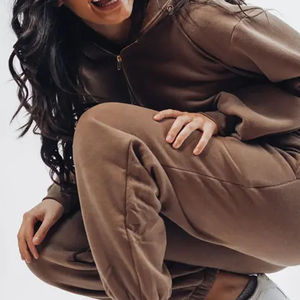 Nouveau style Logo personnalisé femmes décontracté solide longueur régulière hiver à manches longues polaire à capuche survêtement empilé pantalon - Product Image 6