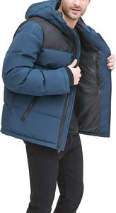 Men's Winter Casual Canvas Coated Breathable Zipper Front Pocket 100% Polyester Fiber Filled Hooded Puffer <b>Jacket</b> Solid Color - Product Image 4