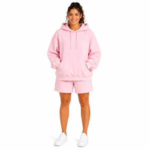 Winter Custom Women French Terry Hoodie Shorts <b>Set</b> Eco-Friendly 100% Cotton Solid Regular Fit Drawstring Pocket Sport Gym - Product Image 1