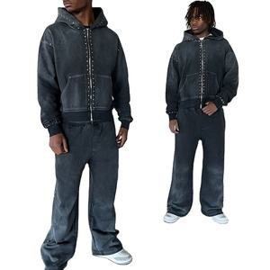 Conjunto Deportivo Personalizado para Hombre, Sudadera con Capucha y Cremallera, Estilo Holgado con Hombros Caídos, Lavado Ácido, Pantalones Deportivos de Algodón 100% con Pedrería - Product Image 1