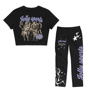 Conjunto de camiseta corta y pantalones cargo de algodón cepillado suave de 280 GSM para mujer, color negro, logotipo serigrafiado, conjuntos para mujer - Product Image 1