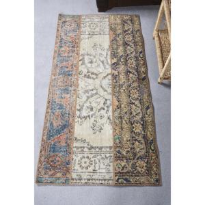 Tapis en Laine Turque Vintage de 2.5X4.9 pieds, Beige, Bleu, Patchwork, Technique de Tissage Plat, Support en Latex pour Décorations de Salon - Product Image 1