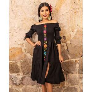 <b>Women</b> Black Shoulder Embroidered Maxi <b>Dress</b> Ethnic Floral Embroidery <b>Mexican</b> Style Short Sleeve Casual Fashion Natural Washable - Product Image 4