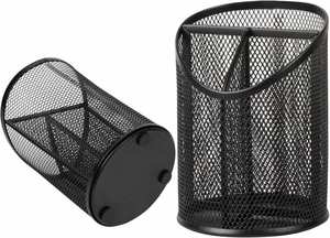 Porte-stylo de bureau rond noir en maille avec 3 compartiments pour organiser les crayons - Product Image 3