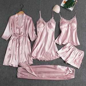 Women's Elegant Summer Ice Silk Long Sleeve Sleepwear V-Neck <b>Bath</b> Robe Included Five-Piece Set in Plus Size Front Logo - Product Image 5