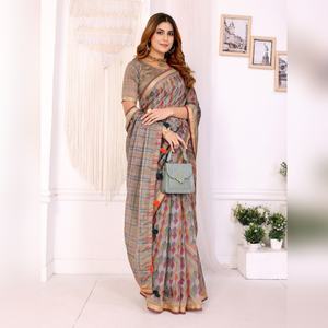 Tissu géométrique vibrant, best-seller, pour les fêtes, en Chanderi, pour les mariages, vêtements de fête indiens, drapé avec bordure rayée - Product Image 2