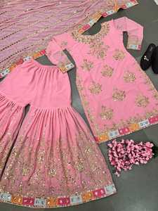 Faux Georgette lourde avec broderie lourde avec travail de séquence à manches longues haut bas Dupatta ensemble tenue traditionnelle costume - Product Image 5