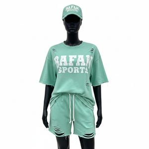 ชุดเสื้อยืดและกางเกงขาสั้นผ้าฝ้ายเจอร์ซีย์สำหรับผู้หญิง คุณภาพพรีเมียม เนื้อผ้าระบายอากาศ สีพื้น ลายสกรีนวินเทจ ผ้าฝ้าย 100% - Product Image 1