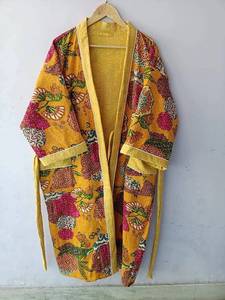 Winter Wear Sweet Style Kantha Jacket Long <b>Coat</b> Screen Print Floral V-neck Kimono <b>Robes</b> Soft Fabric Handmade Stitched Natural - Product Image 2