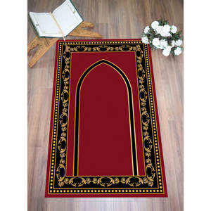 Alfombra de Oración Roja: Elegante Alfombra con Diseño Islámico Dorado Impreso, con Pelo Suave - Product Image 1