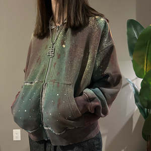 Sudadera con capucha con cremallera de algodón pesado 500 Gsm, diamantes de imitación personalizados, cuadrado, de gran tamaño, desgastado, Vintage Splash, primavera lavada - Product Image 3